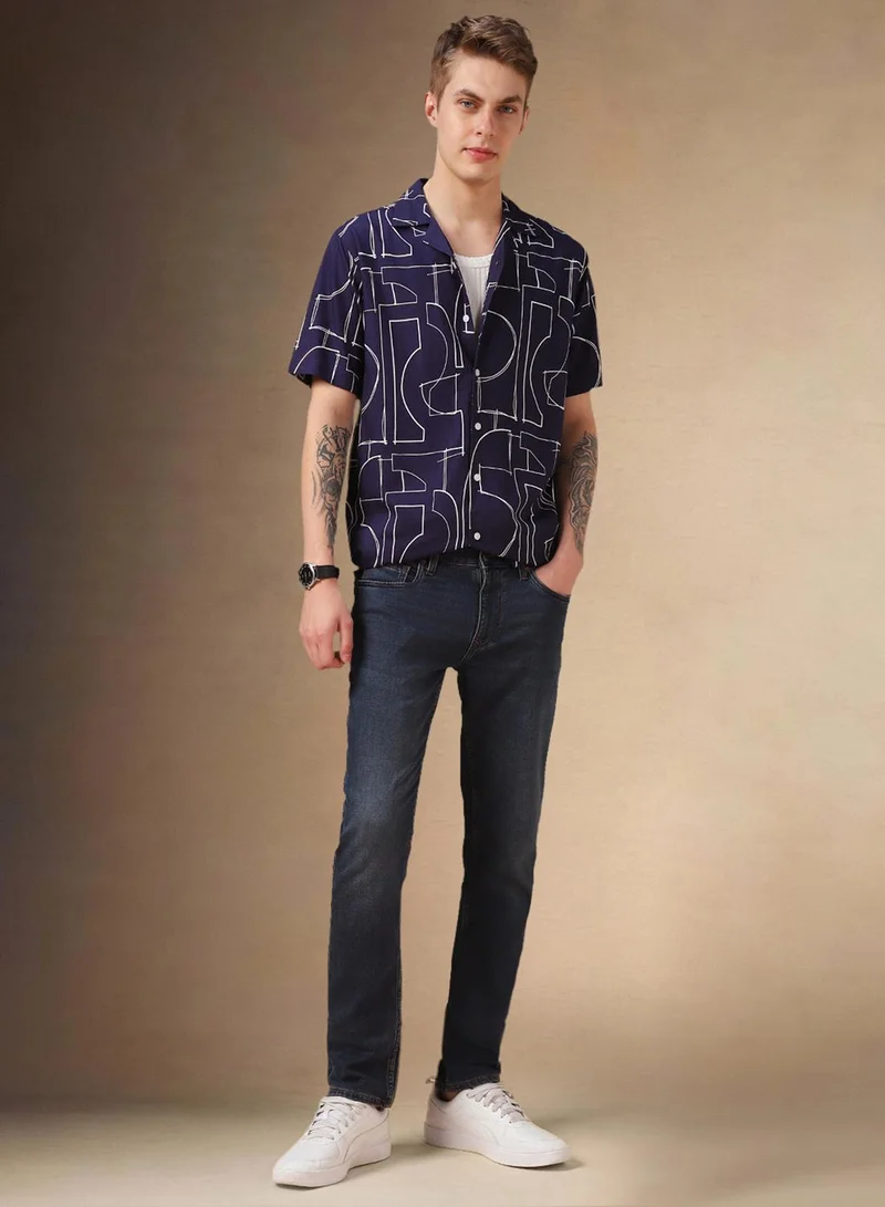 Dennis Lingo Men's Blue 100% Viscose Printed Relaxed Fit Shirt