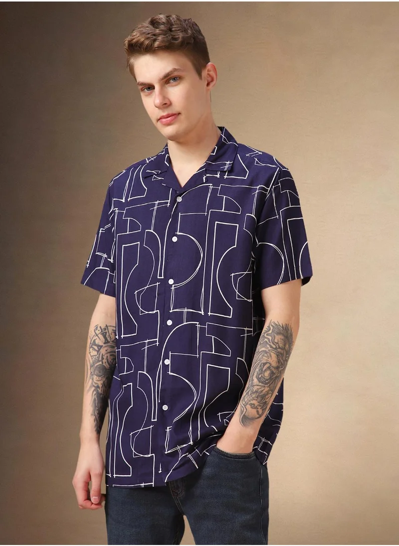 Dennis Lingo Men's Blue 100% Viscose Printed Relaxed Fit Shirt