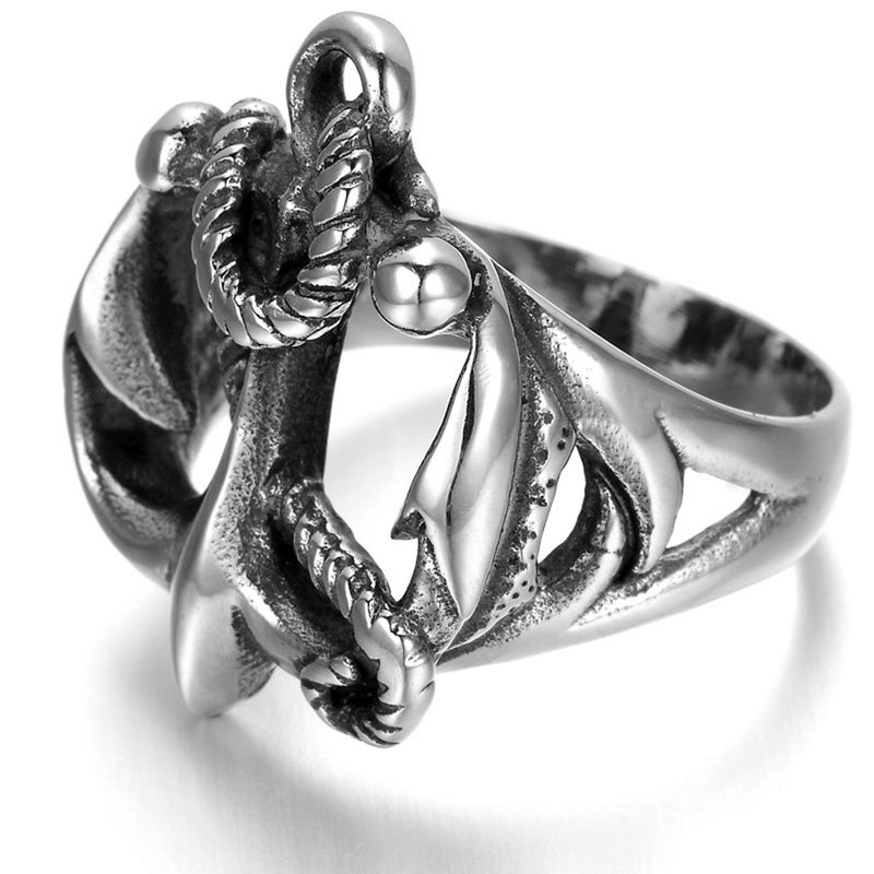 JAJAFOOK Silver Tone Black Anchor Signet Nautical Rope Stainless Steel Men's Ring,Retro Biker Punk - Image 3
