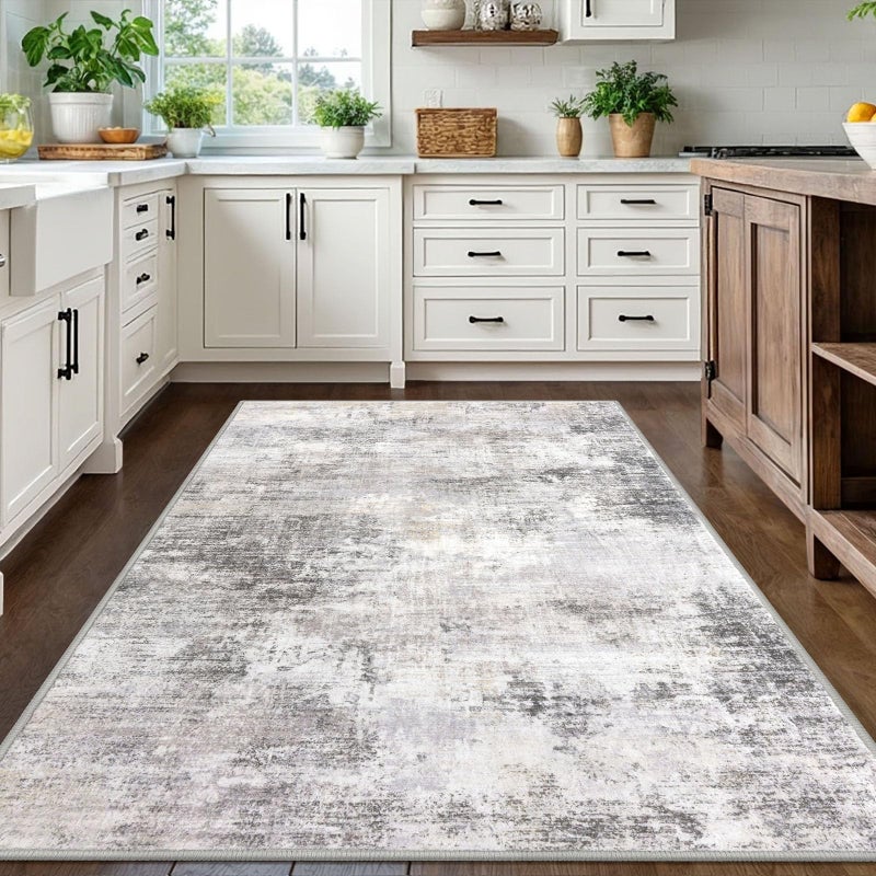 IOHOUZE Abstract Area Rugs 5x7 Ft Washable Rugs for Living Room, Non Slip Dining Room Rug, Printed Faux Wool Rugs for Bedroom, Floor Carpet for Kitchen Nursery Playroom, Grey Beige - Image 2