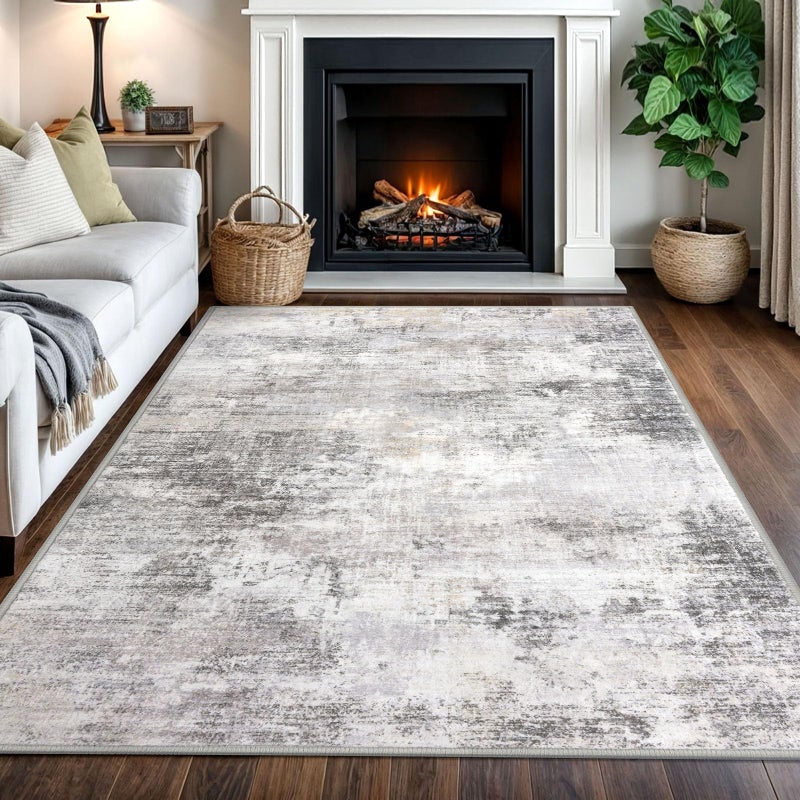 IOHOUZE Abstract Area Rugs 5x7 Ft Washable Rugs for Living Room, Non Slip Dining Room Rug, Printed Faux Wool Rugs for Bedroom, Floor Carpet for Kitchen Nursery Playroom, Grey Beige - Image 1