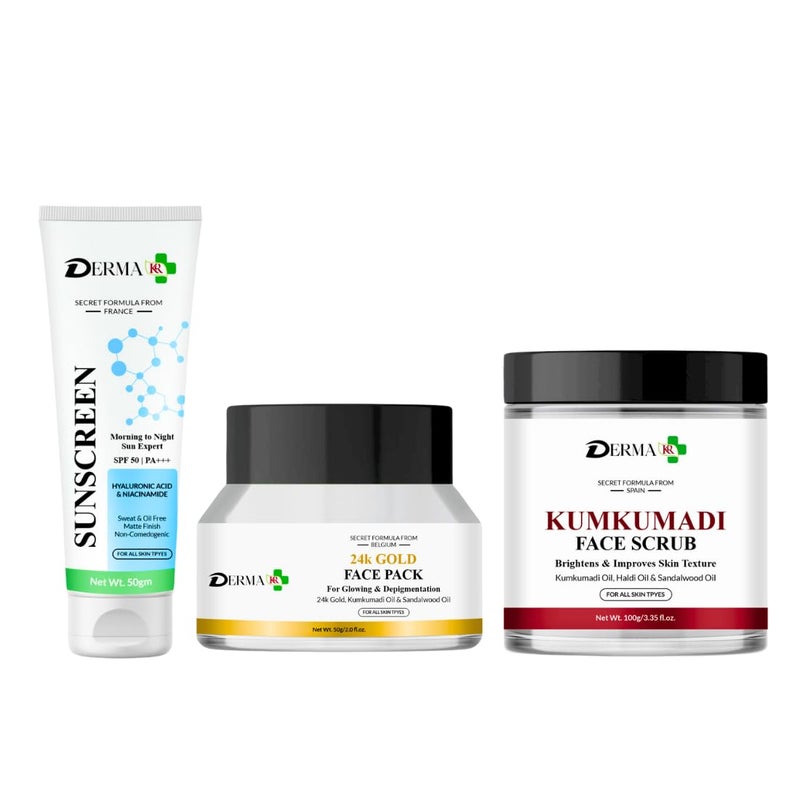 DERMAKR كريم واقي الشمس DERMA KR من الصباح إلى المساء SPF 50 PA 50 جرام عبوة وجه ذهبية 24 قيراط 50 جرام مقشر وجه كومكومادي 100 جرام عبوة وجه من 3 - Image 1