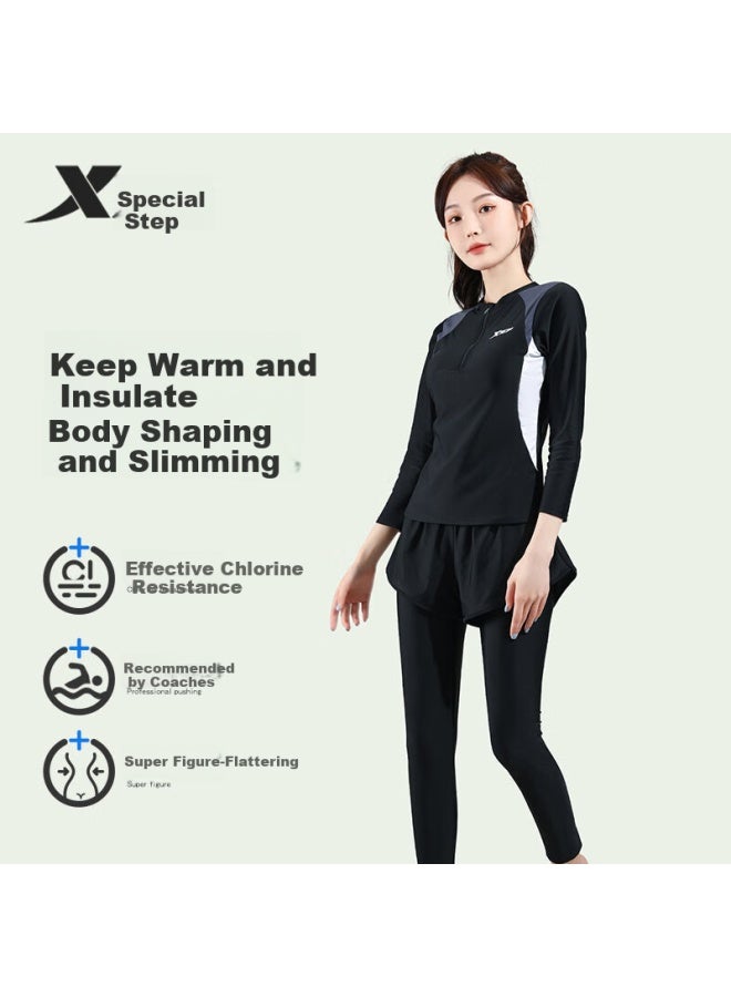 Xtep Women's Two-piece Swimsuit Set Fake Two-piece Student Surfing Diving Hot Spring Equipment Black L - Image 3