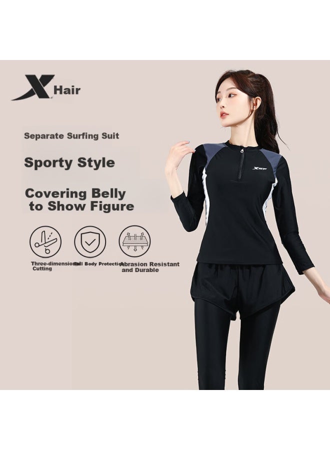 Xtep Women's Two-piece Swimsuit Set Fake Two-piece Student Surfing Diving Hot Spring Equipment Black L - Image 2