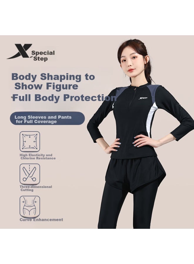 Xtep Women's Two-piece Swimsuit Set Fake Two-piece Student Surfing Diving Hot Spring Equipment Black L - Image 1