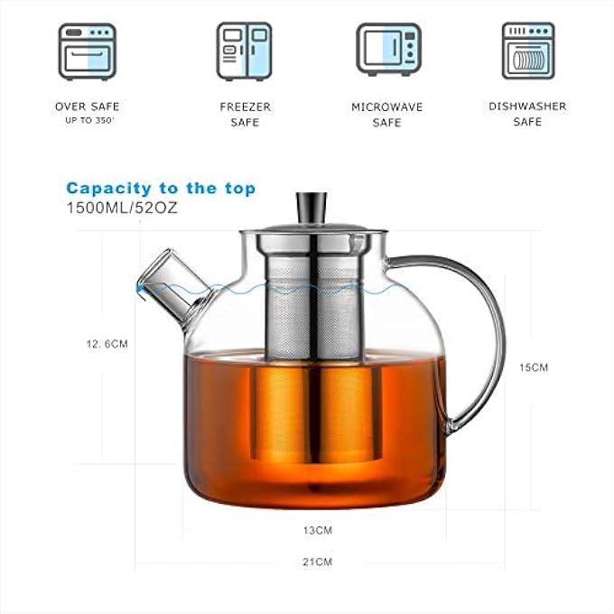 ريحني إبريق شاي زجاجي سعة 1500 مل، غلاية شاي آمنة للاستخدام على الموقد مع مصفاة، إبريق ماء من زجاج البورسليكات، إبريق شاي شفاف لتحضير أوراق الشاي السائبة، ماء ساخن ومثلج، مشروبات العصير - Image 5