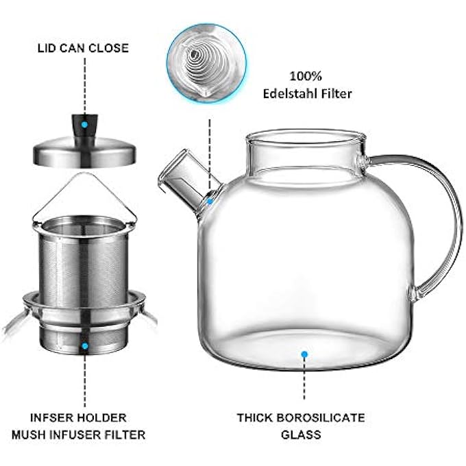 ريحني إبريق شاي زجاجي سعة 1500 مل، غلاية شاي آمنة للاستخدام على الموقد مع مصفاة، إبريق ماء من زجاج البورسليكات، إبريق شاي شفاف لتحضير أوراق الشاي السائبة، ماء ساخن ومثلج، مشروبات العصير - Image 3