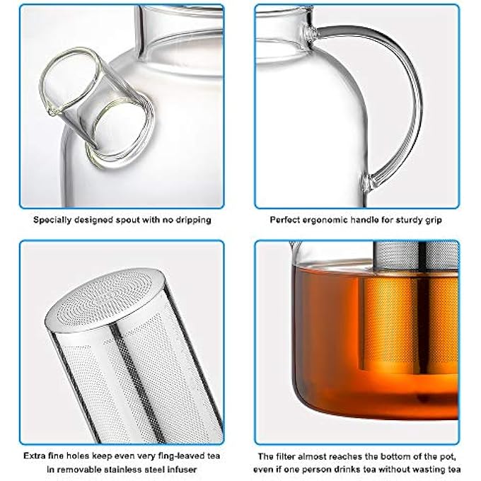 ريحني إبريق شاي زجاجي سعة 1500 مل، غلاية شاي آمنة للاستخدام على الموقد مع مصفاة، إبريق ماء من زجاج البورسليكات، إبريق شاي شفاف لتحضير أوراق الشاي السائبة، ماء ساخن ومثلج، مشروبات العصير - Image 4