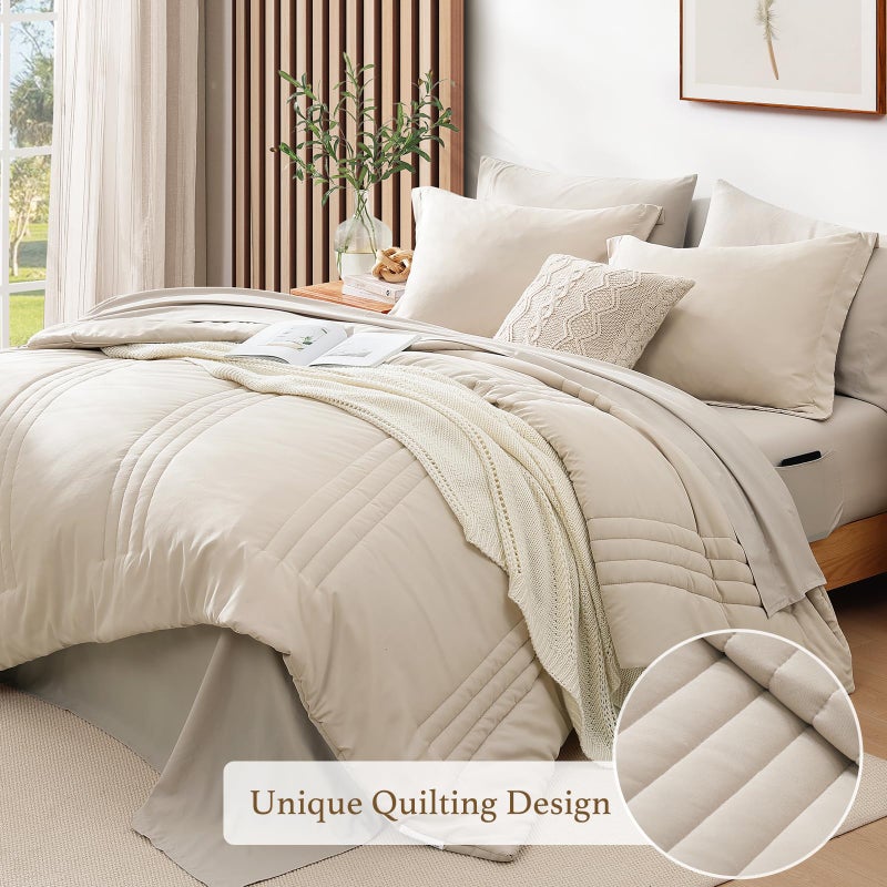 Monbix Full Size Comforter Set - 7 Pieces Beige Bed in a Bag Full Size Bedding Sets with Comforters, All Seasons Comforter with Sheets, Pillowcases & Shams - Image 5