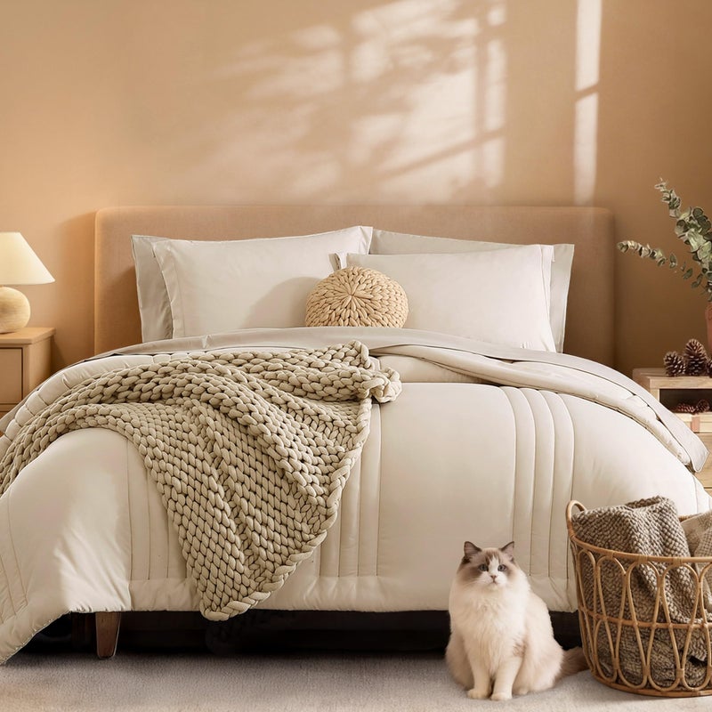 Monbix Full Size Comforter Set - 7 Pieces Beige Bed in a Bag Full Size Bedding Sets with Comforters, All Seasons Comforter with Sheets, Pillowcases & Shams - Image 1