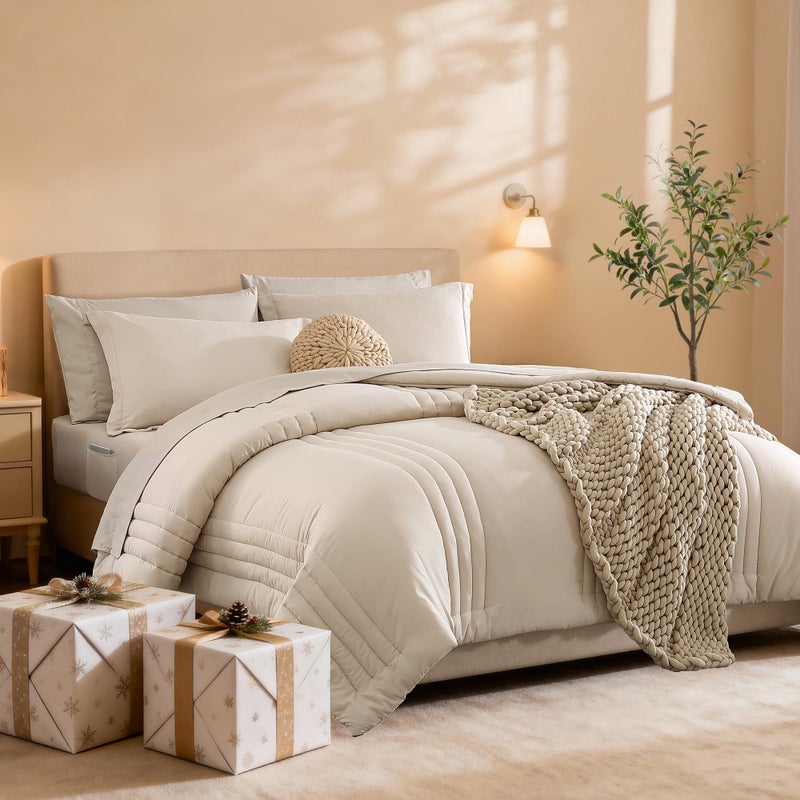 Monbix Full Size Comforter Set - 7 Pieces Beige Bed in a Bag Full Size Bedding Sets with Comforters, All Seasons Comforter with Sheets, Pillowcases & Shams - Image 2
