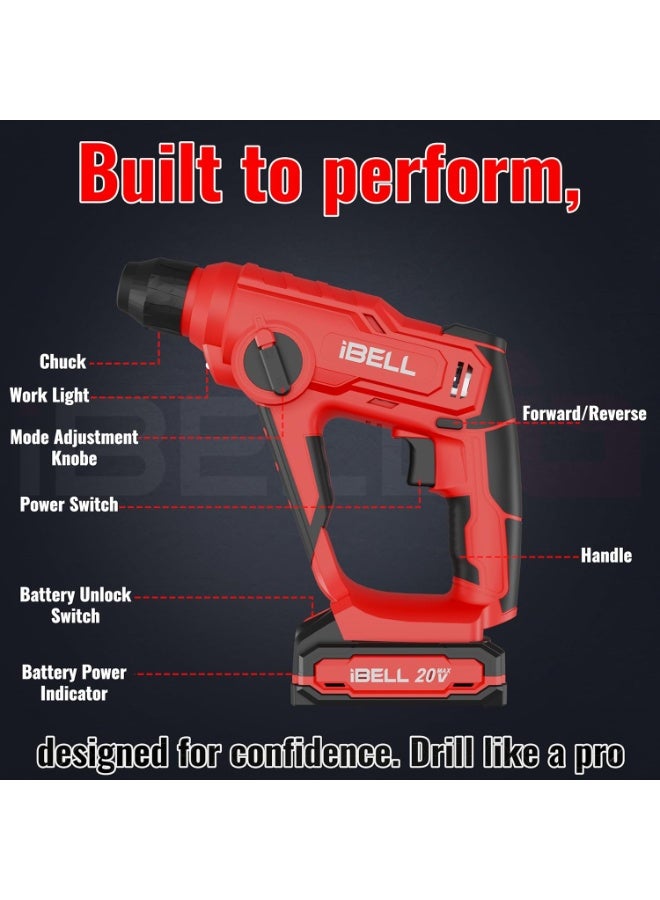 iBELL Power Series Cordless Rotary Hammer Drill | 20V, 2.0Ah Li-ion Battery | 900RPM | 1.2J Impact Energy | 13mm Chuck | BMC Box Included - Image 2