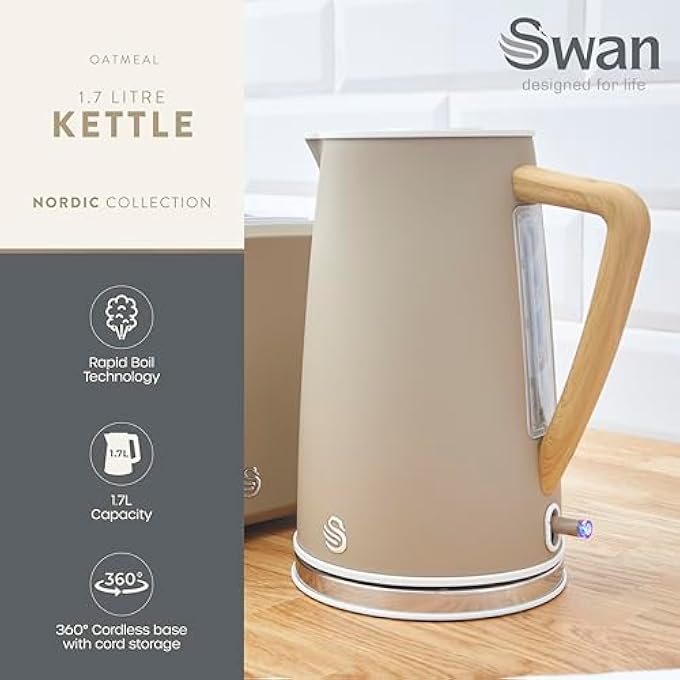 Swan Sk14610Oat Nordic Cordless Jug Kettle With Fast Boil Technology Overheat Protection Soft Touch Handle 17L 3Kw Oatmeal White - Image 3