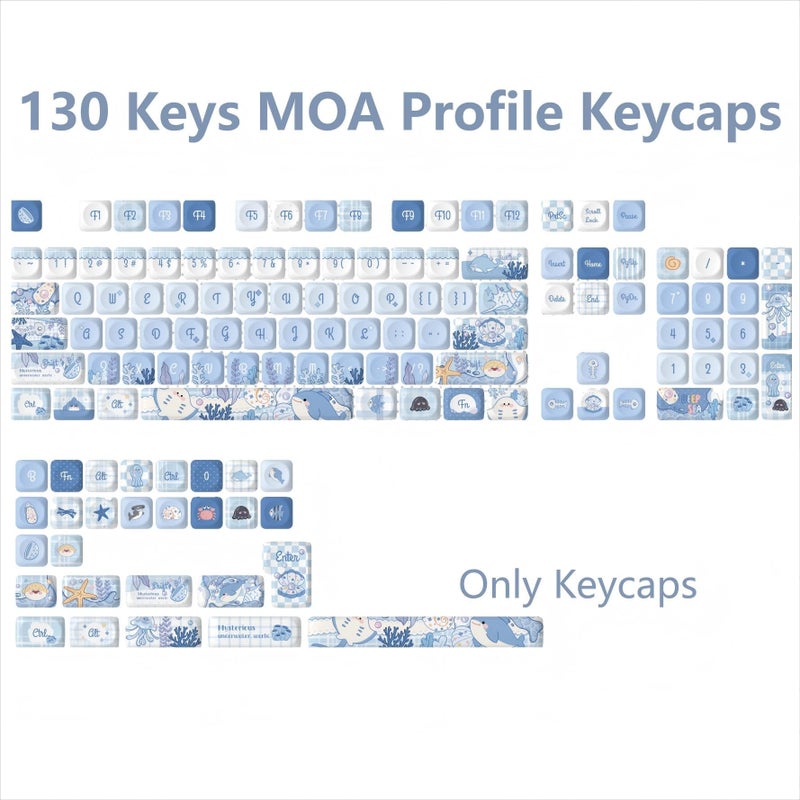 GEKUCAP MOA Profile PBT Keycaps,130 Keys Blue Cute Keycap Set, Dye-Sublimation, MOA Profile, Anime Ocean Theme for US Layout Cherry MX Switches Mechanical Keyboard - Image 2