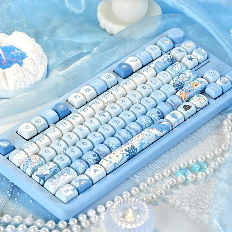 GEKUCAP MOA Profile PBT Keycaps,130 Keys Blue Cute Keycap Set, Dye-Sublimation, MOA Profile, Anime Ocean Theme for US Layout Cherry MX Switches Mechanical Keyboard - Image 4