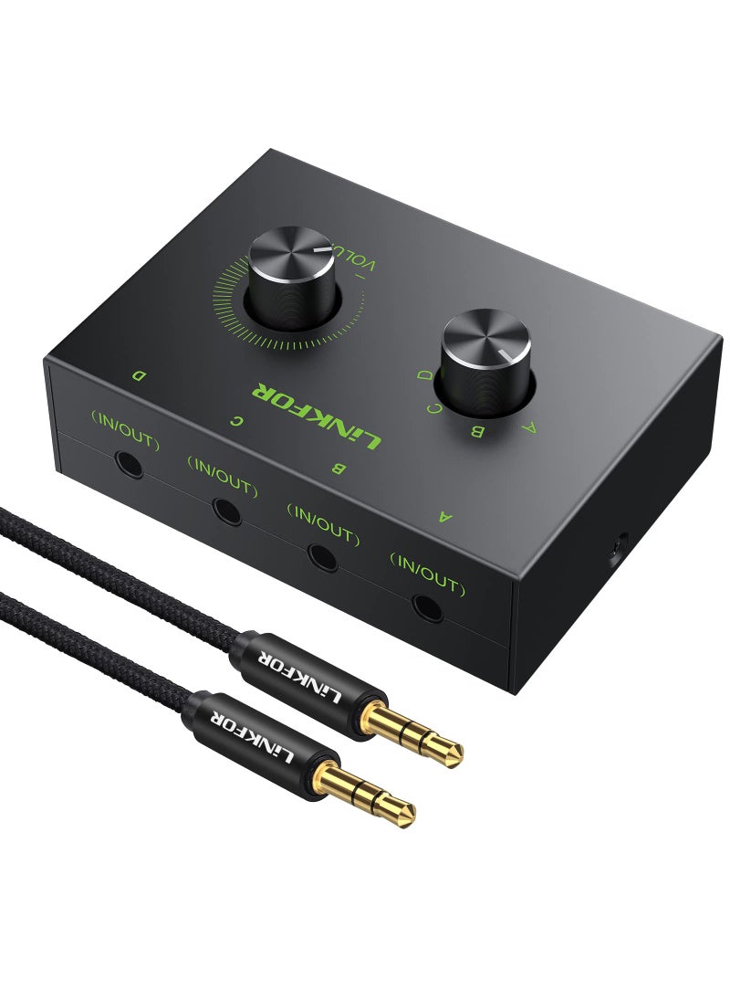LiNKFOR LiNKFOR 4 Port 3.5mm Stereo Audio Switch, 4 Way Stereo Audio Selector, 4 Input 1 Output / 1 Input 4 Output Audio Splitter with Volume Control and 4 Channel Switch Knob  - Image 1