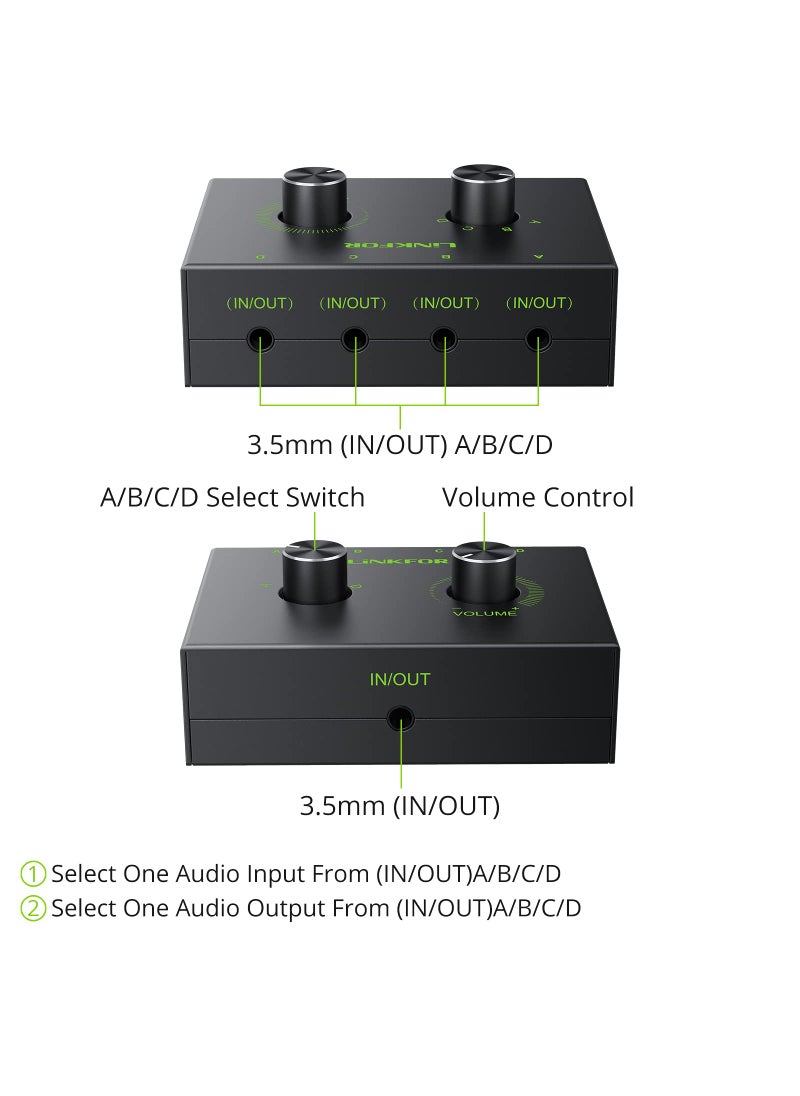 LiNKFOR LiNKFOR 4 Port 3.5mm Stereo Audio Switch, 4 Way Stereo Audio Selector, 4 Input 1 Output / 1 Input 4 Output Audio Splitter with Volume Control and 4 Channel Switch Knob  - Image 2