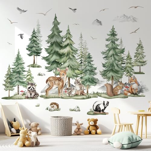 decalmile Large Pine Tree Mountain Wall Decals Woodland Animal Deer Fox Wall Stickers Kids Boys Bedroom Playroom Wall Decor XL - Image 1
