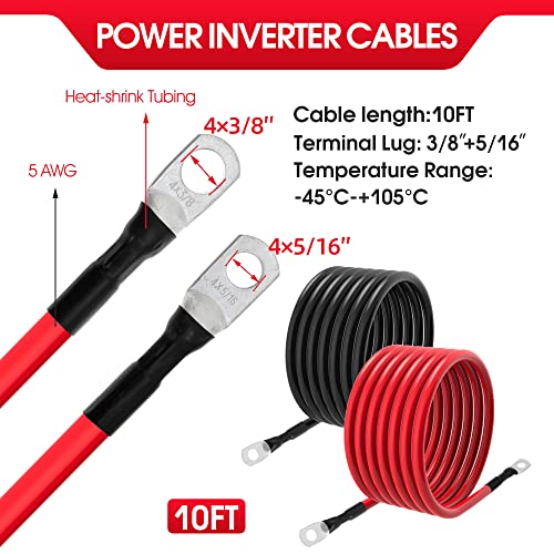 TUELETFU كابلات بطارية 5 AWG كابلات عاكس الطاقة 5 قياس مع لقم 3/8 بوصة و 5/16 بوصة في كل طرف للسفن البحرية والقوارب والمركبات الترفيهية والسيارات والشاحنات والجرارات والدراجات النارية 2 قطعة (10 قدم، 5 AWG) - Image 2