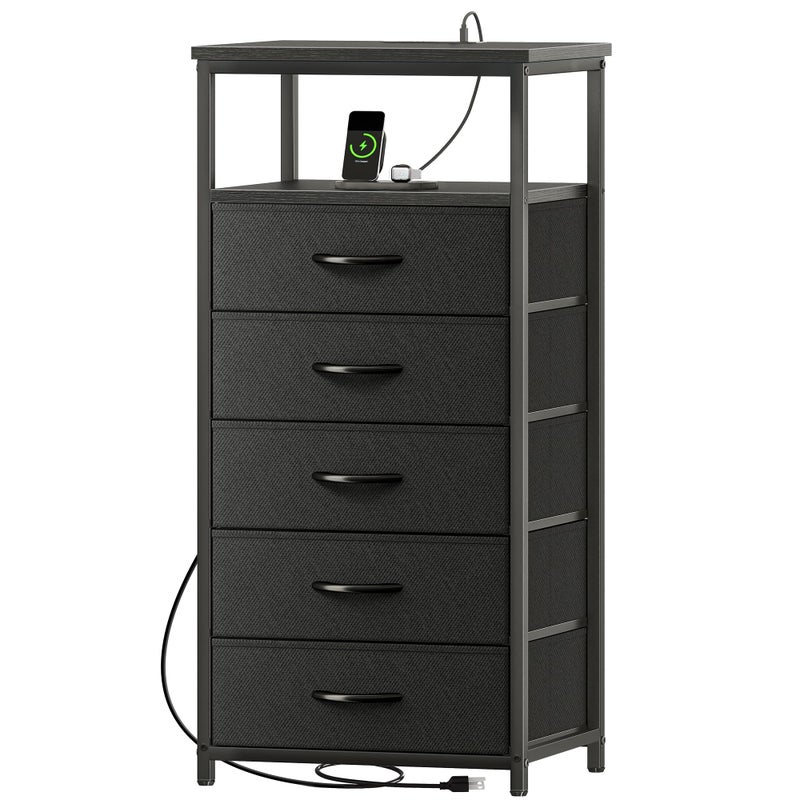 Huuger 5 Drawers Dresser with Charging Station, Dresser for Bedroom, Tall Night Stand, Chest of Drawers with Open Shelf, Bedside Table Nightstand, Fabric Storage Drawers, for Entryway, Black - Image 1