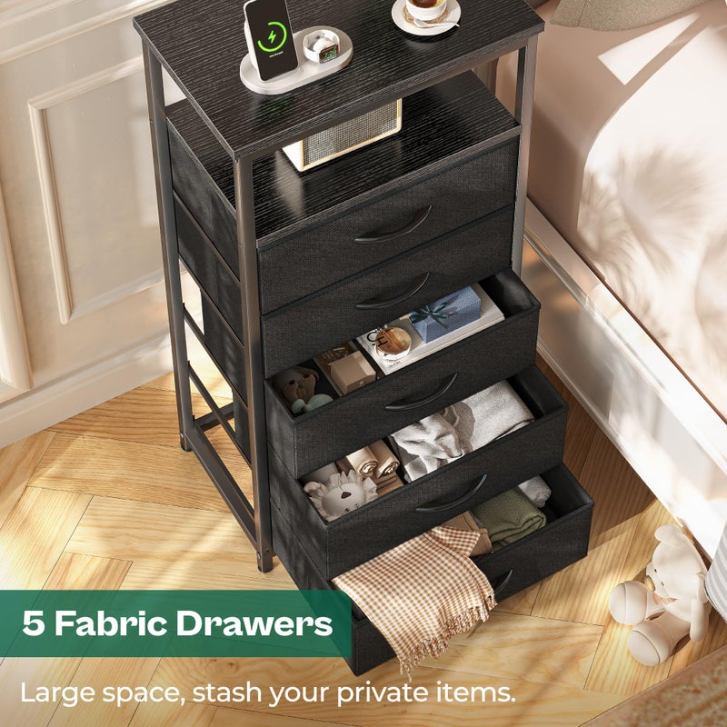 Huuger 5 Drawers Dresser with Charging Station, Dresser for Bedroom, Tall Night Stand, Chest of Drawers with Open Shelf, Bedside Table Nightstand, Fabric Storage Drawers, for Entryway, Black - Image 5