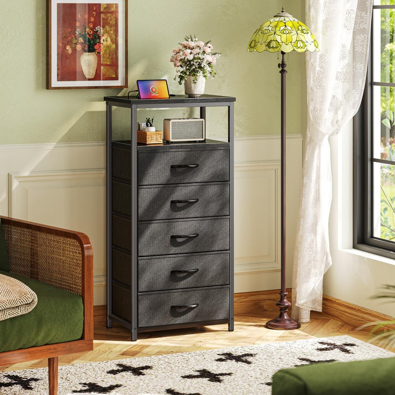 Huuger 5 Drawers Dresser with Charging Station, Dresser for Bedroom, Tall Night Stand, Chest of Drawers with Open Shelf, Bedside Table Nightstand, Fabric Storage Drawers, for Entryway, Black - Image 2
