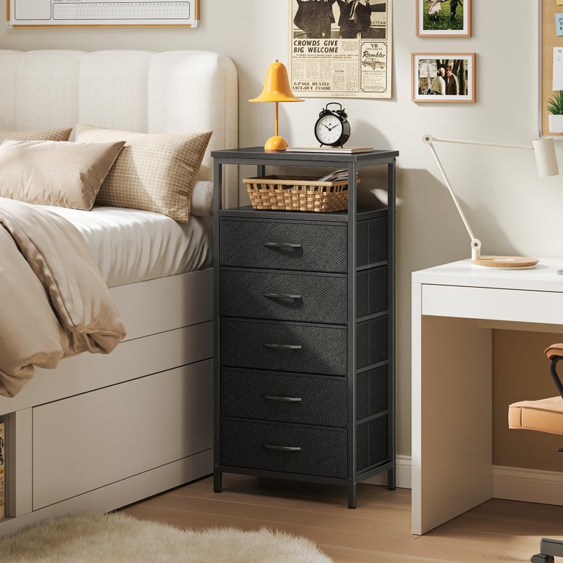 Huuger 5 Drawers Dresser with Charging Station, Dresser for Bedroom, Tall Night Stand, Chest of Drawers with Open Shelf, Bedside Table Nightstand, Fabric Storage Drawers, for Entryway, Black - Image 4
