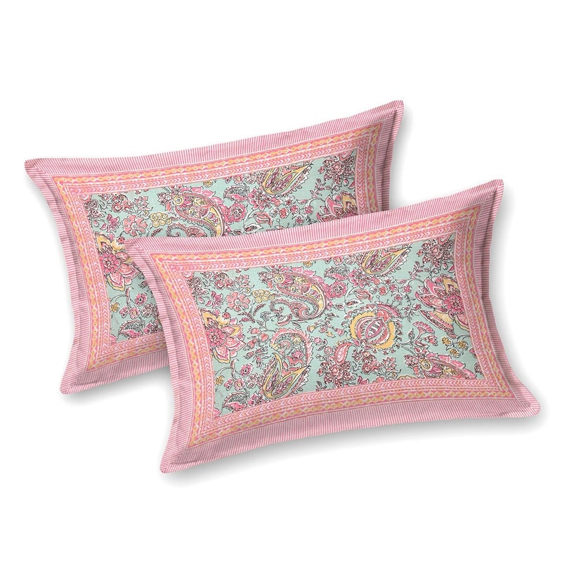 EasyGoods® Jaipuri Cotton Bedsheet Set, King Size 90X108 inch, Floral Paisley Print, Mint and Pink, 240 TC, 2 Pillow Covers - Image 4