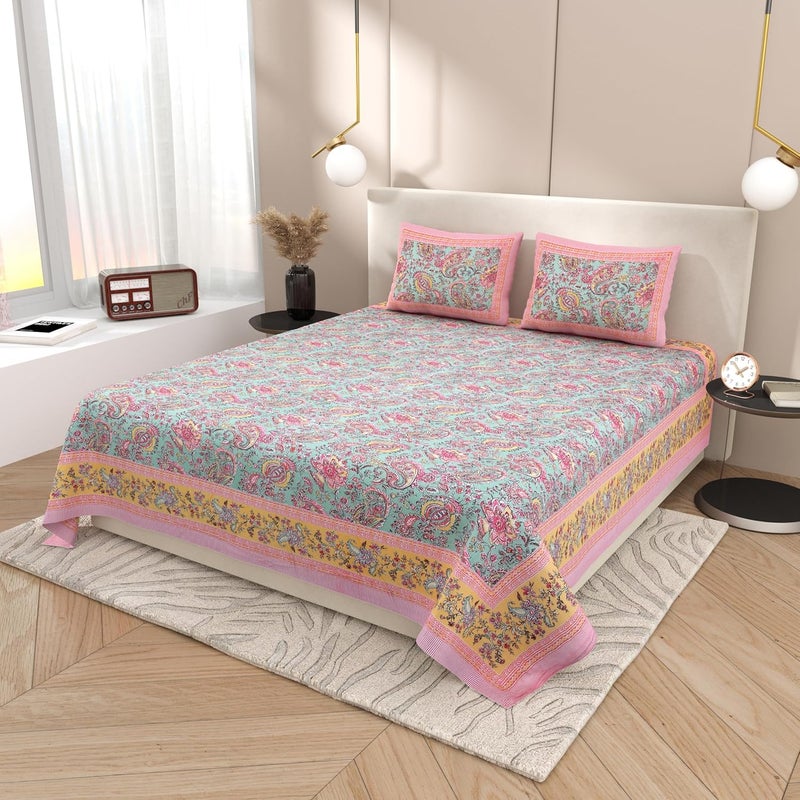 EasyGoods® Jaipuri Cotton Bedsheet Set, King Size 90X108 inch, Floral Paisley Print, Mint and Pink, 240 TC, 2 Pillow Covers - Image 1