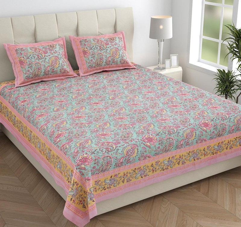 EasyGoods® Jaipuri Cotton Bedsheet Set, King Size 90X108 inch, Floral Paisley Print, Mint and Pink, 240 TC, 2 Pillow Covers - Image 3