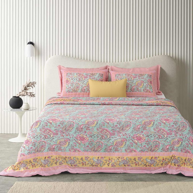 EasyGoods® Jaipuri Cotton Bedsheet Set, King Size 90X108 inch, Floral Paisley Print, Mint and Pink, 240 TC, 2 Pillow Covers - Image 2