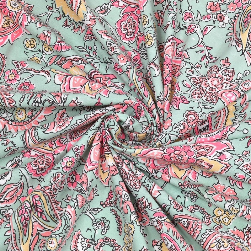 EasyGoods® Jaipuri Cotton Bedsheet Set, King Size 90X108 inch, Floral Paisley Print, Mint and Pink, 240 TC, 2 Pillow Covers - Image 5