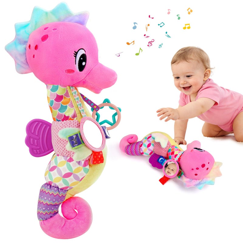 Joosharkidz ألعاب بنات الرضع 06 أشهر حصان البحر الموسيقي دمية محشوة ألعاب وقت البطن للأطفال الرضع 36 612 أشهر مع مرآة الأطفال الحسية هدايا عيد الفصح عيد ميلاد حفلات الاستحمام 3 4 5 6 أشهر - Image 2