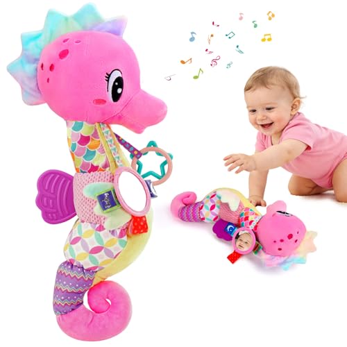 Joosharkidz ألعاب بنات الرضع 06 أشهر حصان البحر الموسيقي دمية محشوة ألعاب وقت البطن للأطفال الرضع 36 612 أشهر مع مرآة الأطفال الحسية هدايا عيد الفصح عيد ميلاد حفلات الاستحمام 3 4 5 6 أشهر - Image 1