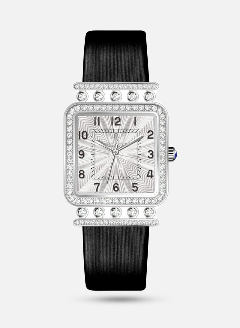 Women's Black Leather Watch with Silver Crystals
