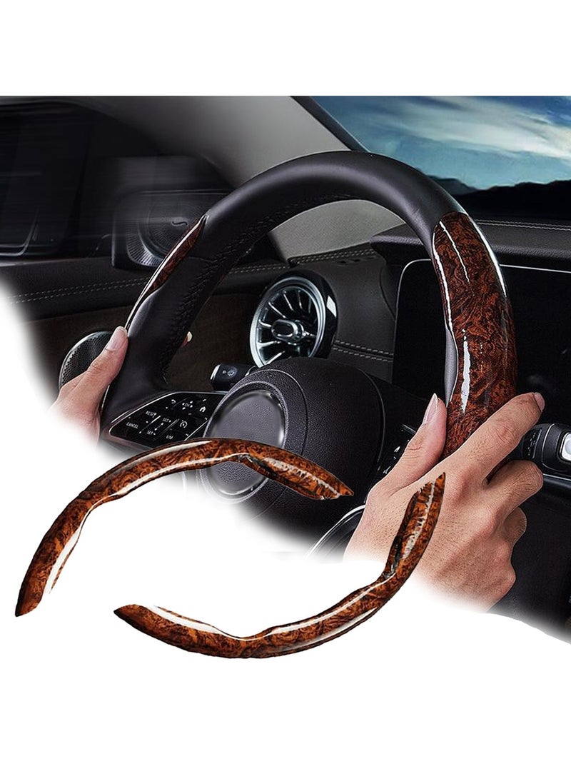 CMGTYYD. غطاءان لعجلة قيادة السيارة، غطاءان مجزآن لعجلة القيادة، ملحقات داخلية، غطاء لعجلة القيادة بتأثير خشب الماهوجني، واقي عالمي للسيارة والشاحنة والفان (بني) - Image 1
