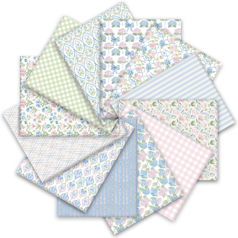 Whaline 12 Pcs Hydrangea Cotton Fabric Bundles Fat Quarters Pastel Flower Bow Plaid Stripe Sewing Fabrics for Spring DIY Craft Party Decor 18 x 22 Inch - Image 2