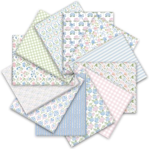 Whaline 12 Pcs Hydrangea Cotton Fabric Bundles Fat Quarters Pastel Flower Bow Plaid Stripe Sewing Fabrics for Spring DIY Craft Party Decor 18 x 22 Inch - Image 1