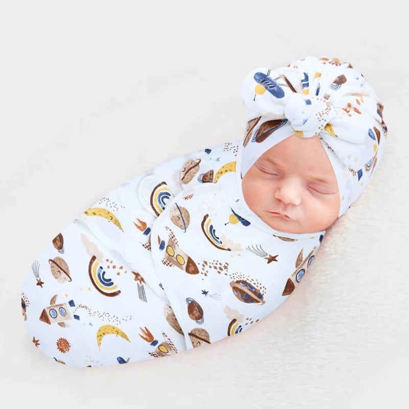 Cinaci 2 Pack Soft Cotton Baby Receiving Swaddle Blankets Wraps Sleep Sacks with Matching Bow Newborn Nursery Bow Hats Caps Beanies Bonnets for Baby Girls Boys Newborns Infants (Multicolor S2) - Image 2