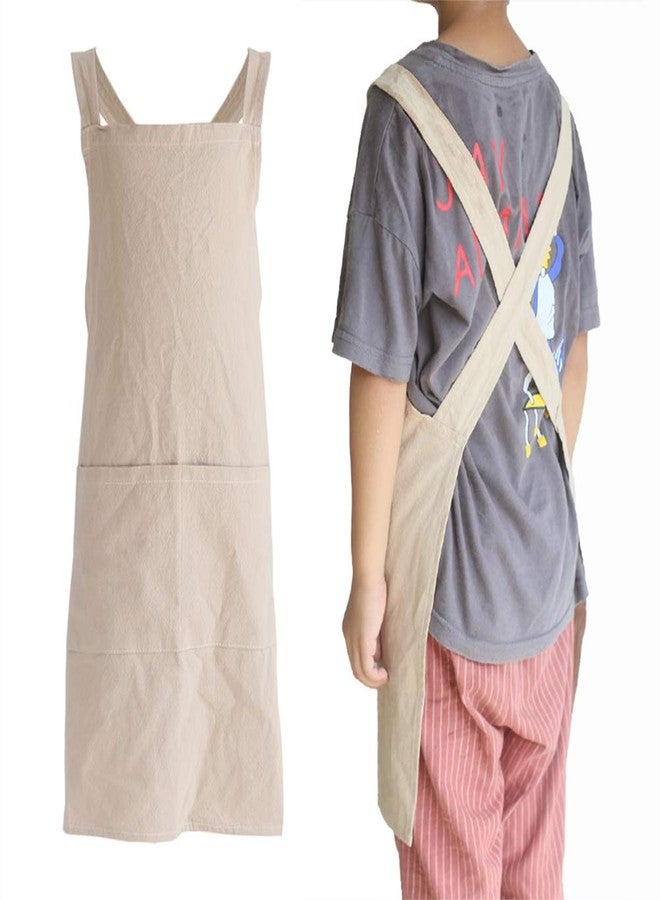 losofar Children Cotton Cross Back Apron Japanese Style Bib Home Clothes Painting Soft Comfort Pinafore Apron for Girls Boys (khaki, 21.6×21.6inch) - Image 1