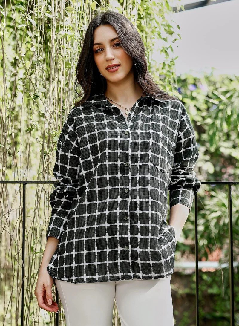 PINACOLADA Women's Overlap Jacquard-Check Oversized Shirt | Spread Collar , Long Button-Cuff Sleeves, Button Closure | Checks Jacquard Woven Shirt For Casual & Daily Wear | Sacramento Green