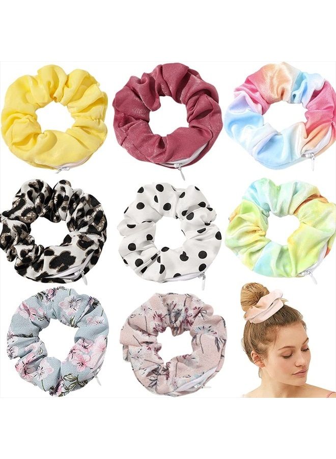 DINPREY Velvet Dots Hair Scrunchie with zipper pouch hair ties Ropes secret zipper pocket scrunchies Tie Soft Stash Tie Dye Scrunchies Floral Hair Elastic Ties for Vsco Girl Stuff Scrunchies (8 Pcs) - Image 1