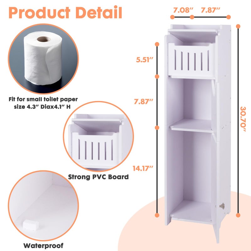 LuiceABC Toilet Paper Holder Stand, Over The Toilet Storage Cabinet for Bathroom, Slim Corner Shelf for Small Space Storage, Small Bathroom Storage Cabinet with Doors, White - Image 5