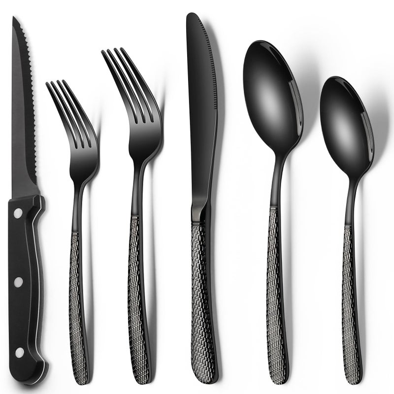 EWFEN 24Piece Black Silverware Set with Steak Knives Black Flatware Set for 4 FoodGrade Stainless Steel Tableware Cutlery Set Mirror Finished Utensil Sets for Home Restaurant Round Hammered