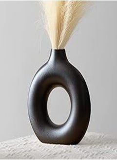 FORTIVO Ceramic Vases for Home Decor, Circle Vase with Hole, Donut Vase, Boho Vase, Ceramic Vase, Vases for Flowers, Decorative Vase, Black Ceramic Vase, Pampas Grass Vase, Circular Vase, Black Vase 7 inches 