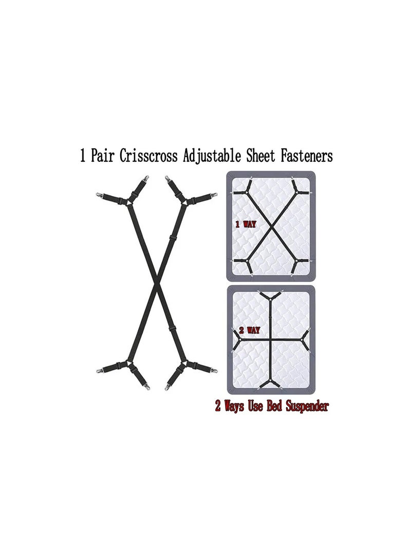 1 Pair Crisscross Adjustable Sheet Fasteners, 2 Ways Use Bed Suspender Cover Grippers Straps Holders - Image 1