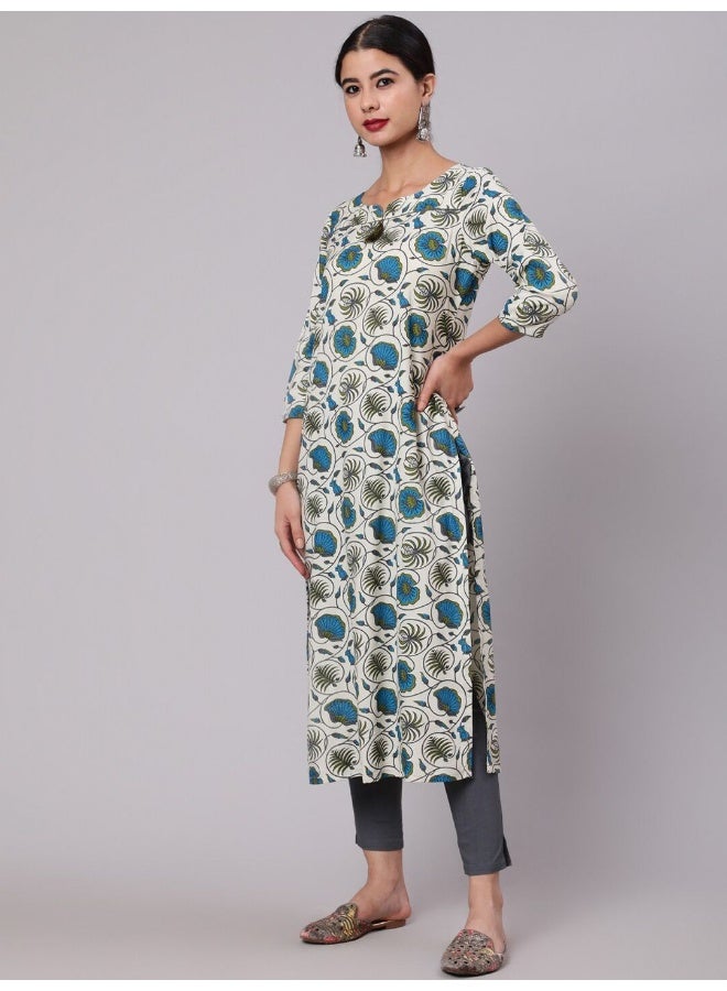 AKS Cream & Blue Floral Print Kurta  - Image 5