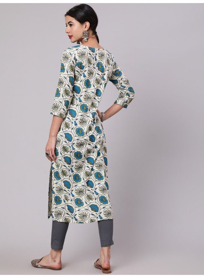 AKS Cream & Blue Floral Print Kurta  - Image 4