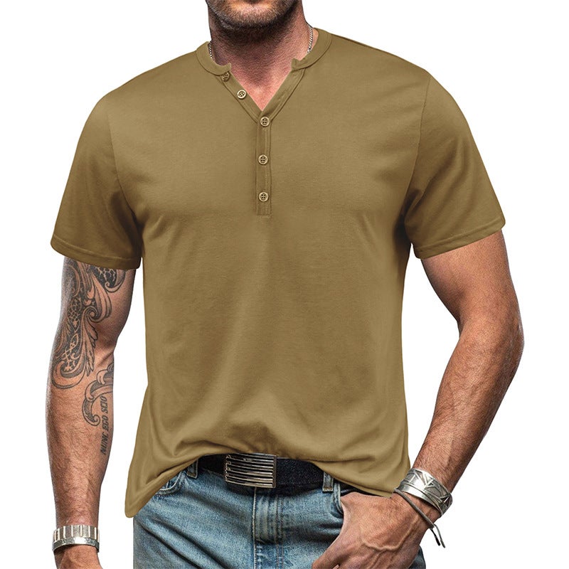2023 Summer and Men''s Henry Short-sleeved T-shirt Men''s Button V-neck T-shirt Top Foreign Trade Henleys - Image 4