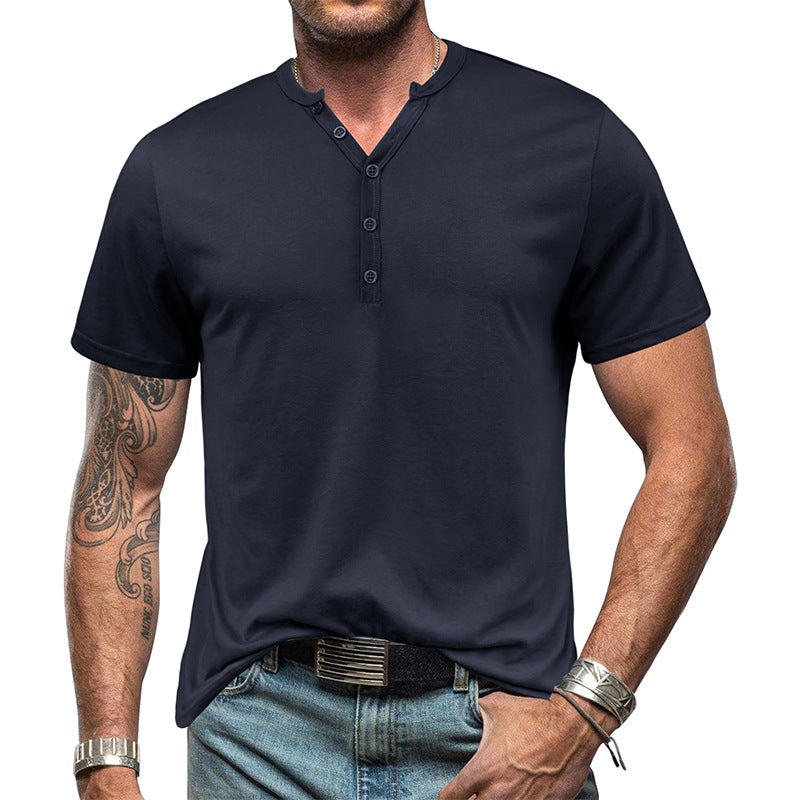 2023 Summer and Men''s Henry Short-sleeved T-shirt Men''s Button V-neck T-shirt Top Foreign Trade Henleys - Image 1